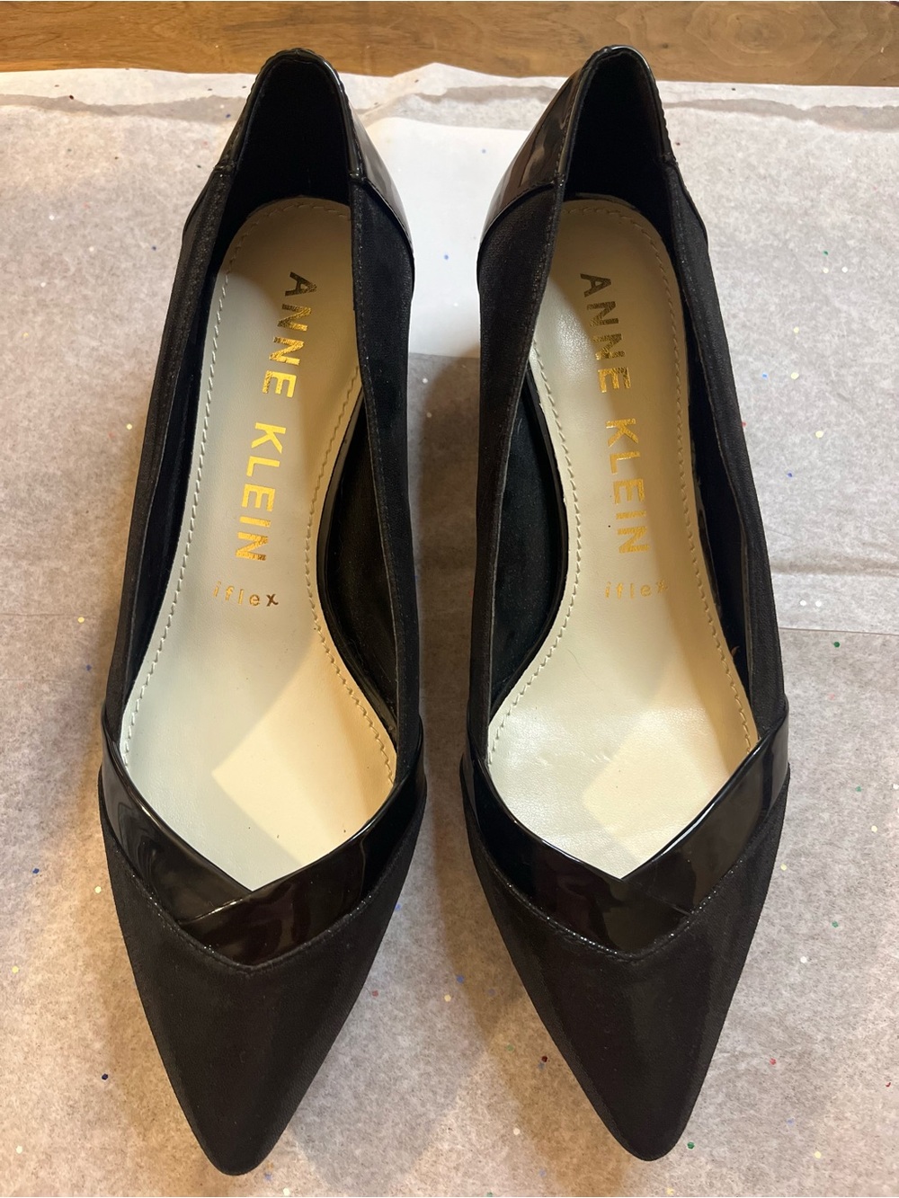 Anne Klein Black Pointed Toe Suede & Patent Flats